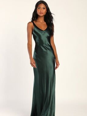 Lulus Perfectly Classy Emerald Green Satin Strappy Maxi Dress - Size XS